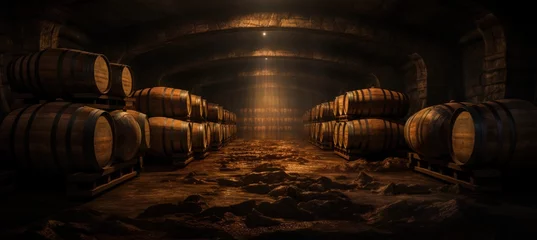 Fotobehang barrels in an old wine cellar © grigoryepremyan