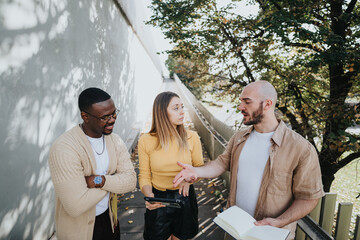 Young, diverse executives collaborate outdoors in an urban city. Business plan, profitability,...