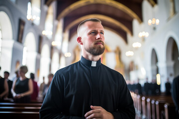 Portrait of catholic priest in church. Generative AI