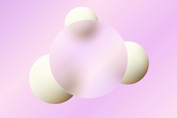 Flying glass round banner with light 3D spheres in the style of glass morphism.