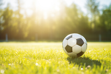 Soccer ball on grass in garden. Generative AI