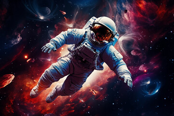 Obraz na płótnie Canvas Astronaut wearing spacesuit levitating in colorful brightly galaxy. Generative AI