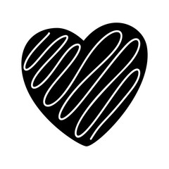 Hand drawn black heart love with white lines. Vector valentine logo icon illustration. Decor for greeting card, wedding, mug, photo overlays, t-shirt print, flyer, poster design