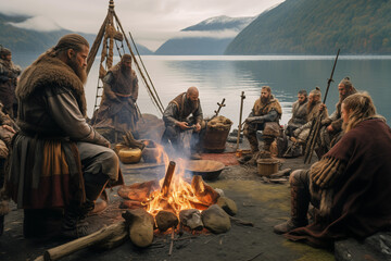 Vikings sitting together nearly bonfire. Generative AI
