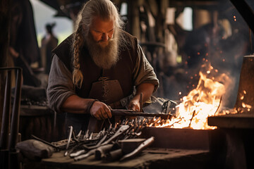 Viking blacksmith works in the forge on workbench. Generative AI - obrazy, fototapety, plakaty