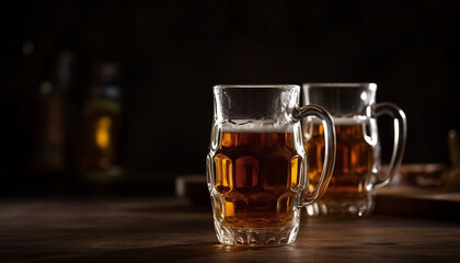 Alcohol drink on table in pub, frothy glass, fresh golden brew generated by AI