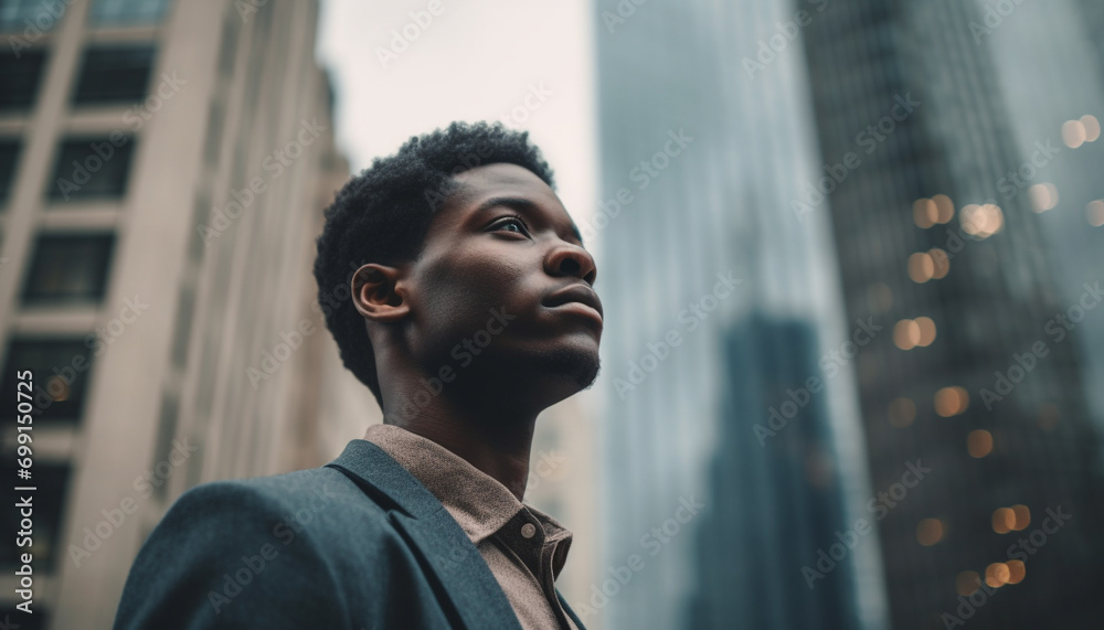 Canvas Prints Confident young businessman in a modern city, looking at camera generated by AI