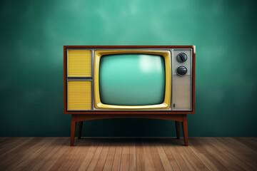 Retro old yellow TV on mint green background. Generative AI