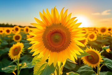 Sunflower field at daylight. Generative AI