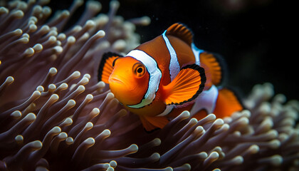 Fototapeta na wymiar Clown fish swimming in vibrant reef, showcasing natural beauty generated by AI