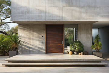 Exterior of a minimalist private house made of concrete with a wooden front door. Design of a modern building. - obrazy, fototapety, plakaty