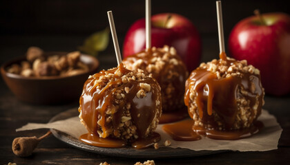 Indulgent gourmet dessert chocolate dipped caramel apple with crunchy pecan generated by AI - obrazy, fototapety, plakaty