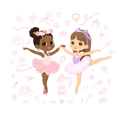 I love Ballet Poster. Two Girls Dancing. Ballerina Girl Dancing In Pink Dress. African American Child wear Pink Tutu Dress and Dancing Pointe Training. Caucasian Ballet Girl Cartoon Illustration.