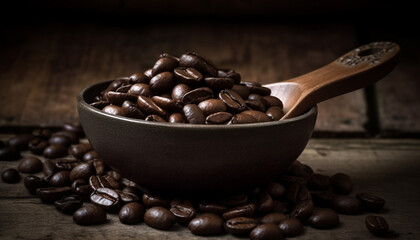 Fototapeta premium Freshly ground coffee beans on a dark wooden table, close up shot generated by AI