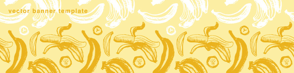 Obraz premium Plantains background for vector bananas banner template with sketch banana seamless pattern. Banana label backdrop. Plantains ornament. Yellow fruits.