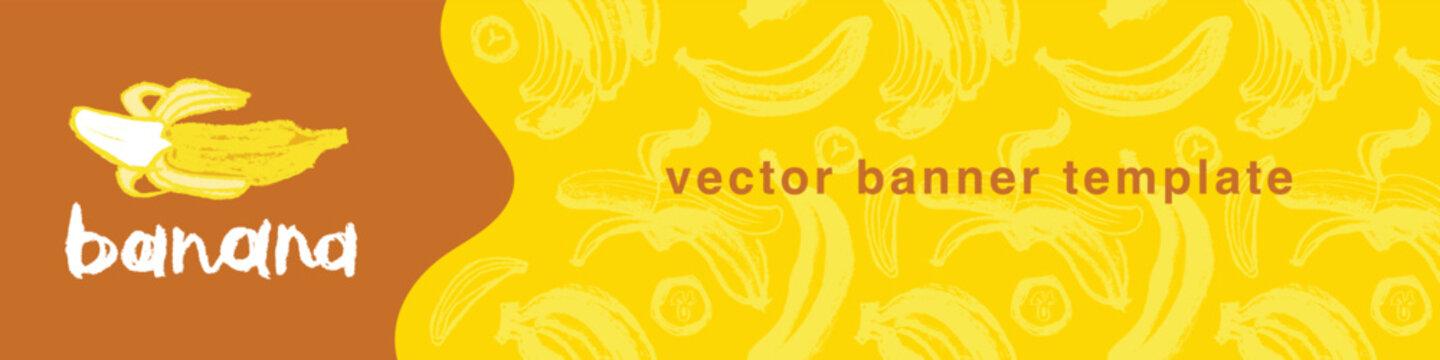 Plantains background for vector bananas banner template with sketch banana seamless pattern. Banana label backdrop. Plantains ornament. Yellow fruits.