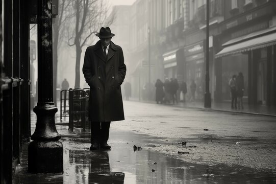 Vintage Black and White Street Photography with Man in Classic Attire and Hat 