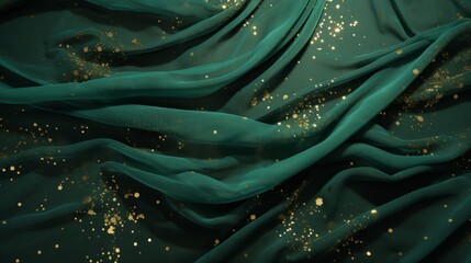 glamour pattern of tiny gold flecks and sheer fabric green floating, luxury, copy space, 16:9