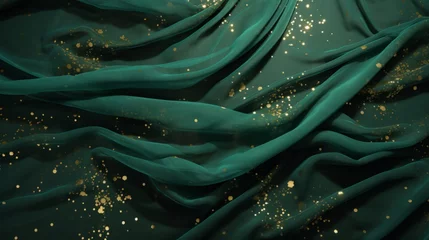 Poster glamour pattern of tiny gold flecks and sheer fabric green floating, luxury, copy space, 16:9 © Christian