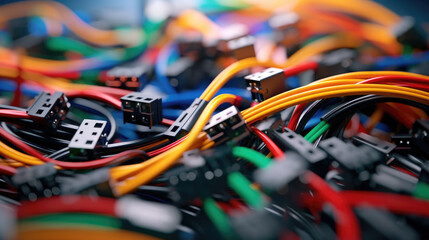 Close-up of Colorful wire harnesses and plastic connectors for vehicles, the automotive industry, and manufacturing - obrazy, fototapety, plakaty