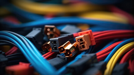 Close-up of Colorful wire harnesses and plastic connectors for vehicles, the automotive industry, and manufacturing