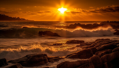 Sunset over the coastline, waves crashing, nature beauty on display generated by AI