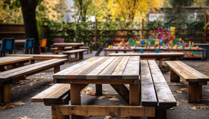 Fototapeta premium Wooden bench in a forest, surrounded by colorful autumn leaves generated by AI