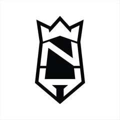 NH Letter Logo monogram hexagon shield shape up and down with crown isolated style design