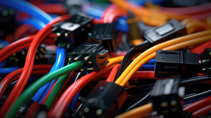 Close-up of Colorful wire harnesses and plastic connectors for vehicles, the automotive industry, and manufacturing - obrazy, fototapety, plakaty