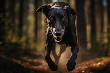 
black hunting dog chasing prey