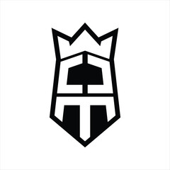 OM Letter Logo monogram hexagon shield shape up and down with crown isolated style design