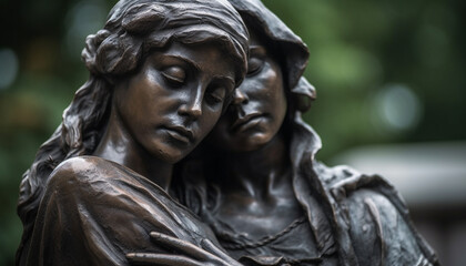 A sculpture of a praying woman symbolizes spirituality and religion generated by AI