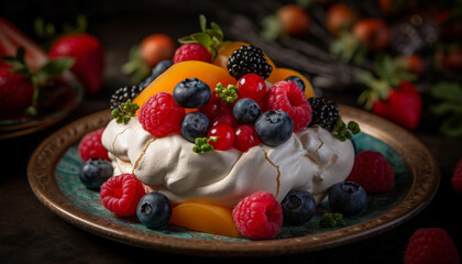 Fresh berry dessert on wooden table, a summer homemade indulgence generated by AI