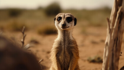 Fototapeta premium Cute meerkat standing, alert, watching, nature beauty in wildlife reserve generated by AI