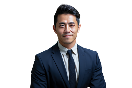 Portrait of smiling Asian businessman standing isolated on tranparency background.