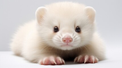 A baby ferret playfully rolling, its fur a creamy shade against the white.