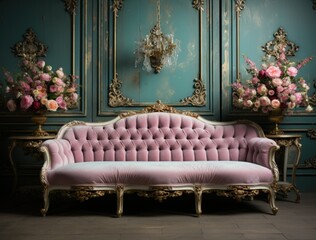 Opulent and Luxurious Living Room with Striking Pink and Gold Sofa