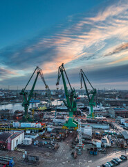 Shipyard areas in Gdansk at sunrise. Poland
