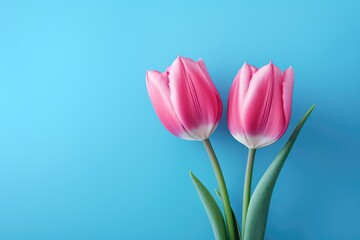 pink tulips against a blue background,