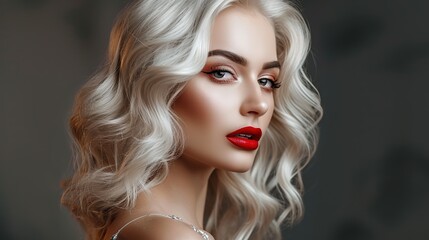 Fototapeta premium Beautiful girl with hair coloring in ultra blond. Stylish hairstyle done in a beauty salon. Fashion, cosmetics and makeup