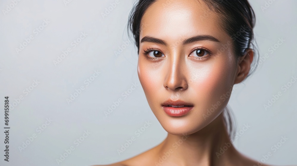 Canvas Prints Beautiful young Asian woman with clean fresh skin on brown background, Face care, Facial treatment