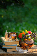 witch cauldron with herbs and flowers, quartz crystals, books on table outdoor, abstract natural...