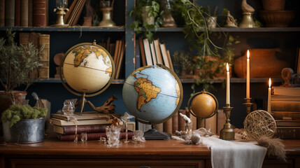Fototapeta na wymiar Vintage Globes and Maps as Boho Decor Accents
