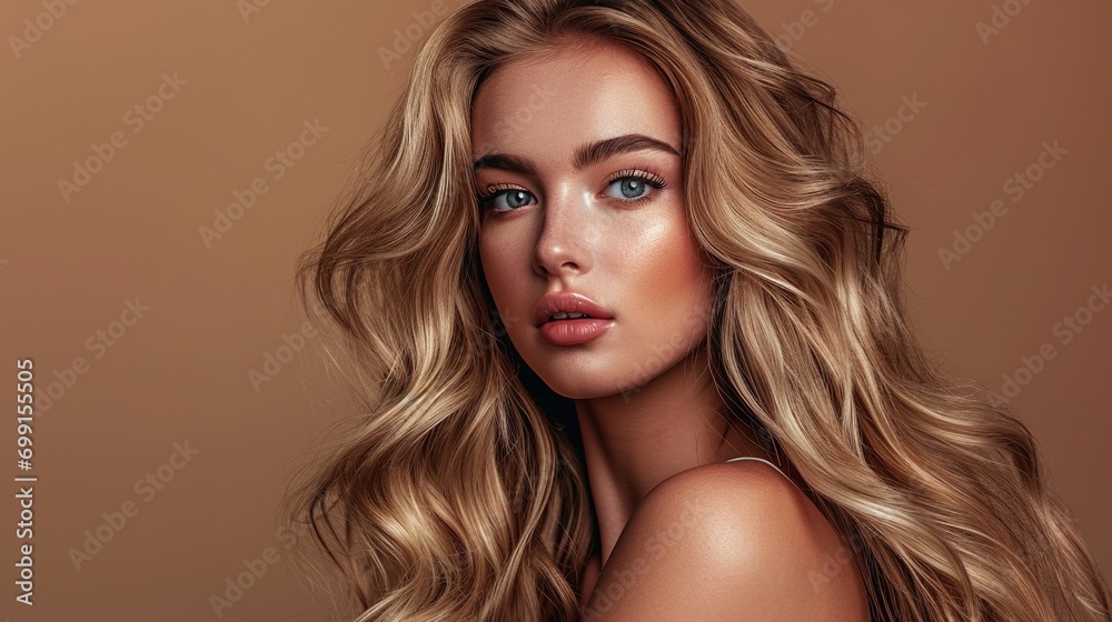 Sticker Beauty blonde girl with long and shiny wavy hair. Beautiful woman model with curly hairstyle  Fashion