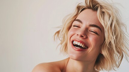 Beauty portrait of blonde smiling laughing woman 35 year clean fresh face isolated on white background - obrazy, fototapety, plakaty