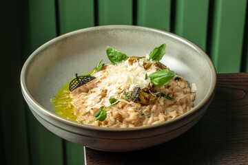 risotto from rice and mushrooms, Italian cuisine
