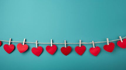 Valentines day background. Garland of red hearts on clothespins on turquoise wall. Generative Ai - obrazy, fototapety, plakaty