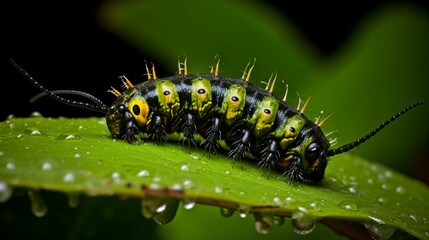 A caterpillar feeding on a leaf, its body detailed with tiny hairs.