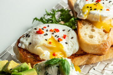 Healthy Breakfast with toast with poached egg and avocado