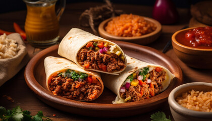 Homemade Mexican taco with beef, guacamole, and fresh cilantro generated by AI